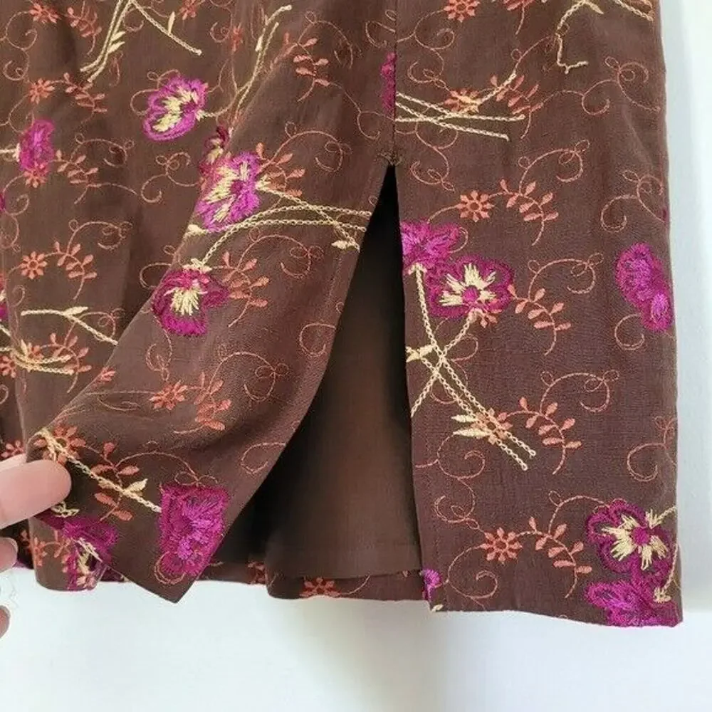 Grace Dane Lewis Womens Silk Linen Embroidered Mini Skirt Size 8 Y2K Brown Multi